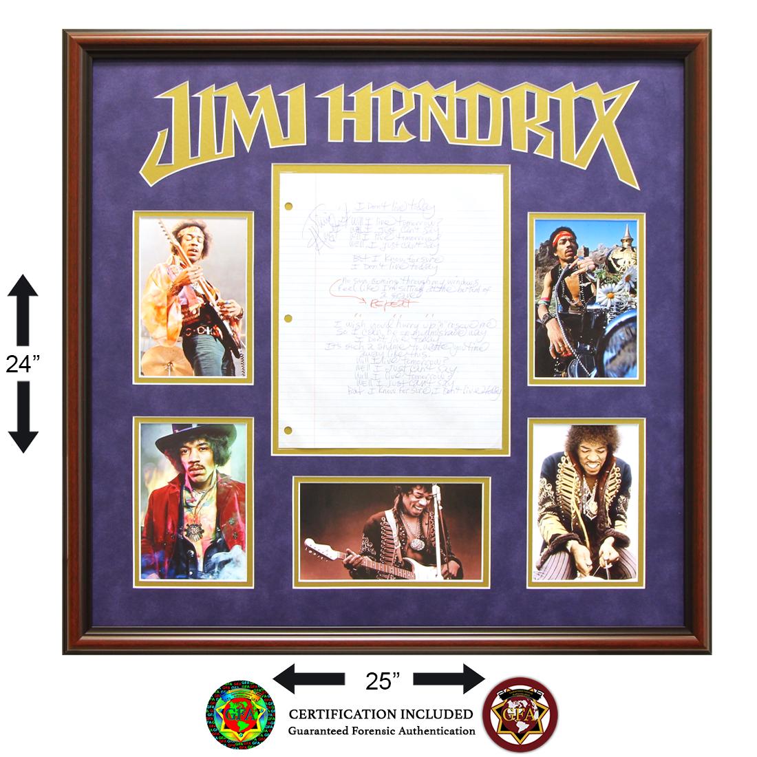 Jimi Hendrix Signed 'I Don’t Live Today' sheet: Jimi Hendrix (November 27, 1942 – September 18, 1970). 8 ½ x 11 Jimi Hendrix signed and handwritten lyrics for “I Don’t Live Today.” Signed Boldly in blue ink in the top l