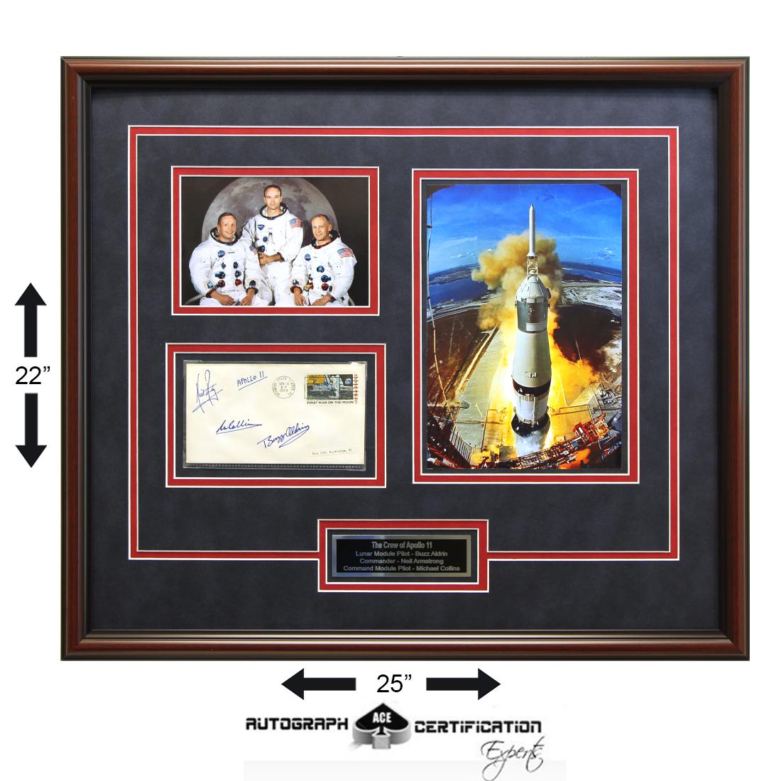 APOLLO XI CREW SIGNED FIRST MAN ON THE MOON CACHET: Neil Armstrong (August 5, 1930-August 25, 2012), Buzz Aldrin (January 20, 1930) and Michael Collins (October 31, 1930). 3 ½ X 6 ¼ First Man on the Moon Cachet, Postmarked Nov 14, 1969, Kenne