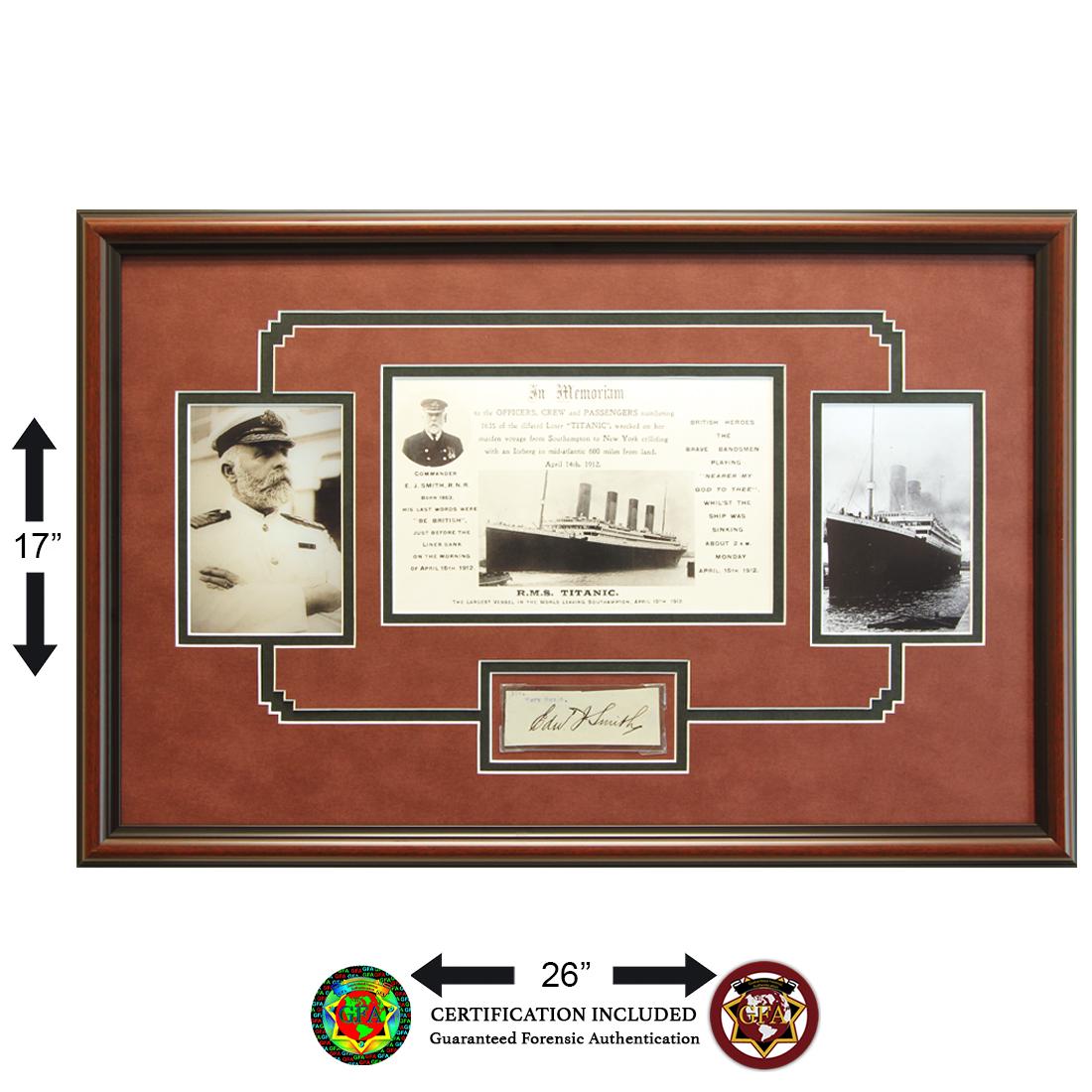 TITANIC CAPTAIN EDWARD JOHN SMITH SIGNED CUT: Edward J. Smith (January 27, 1850 – April 15, 1912). 1 ½ x 4 signed cut excised from a letter. Signed horizontally in black ink across cut, blue typewritten letters can seen above signature