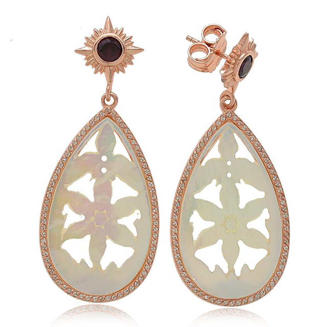Sterling Silver Mother of Pearl & Garnet Earrings: Sterling Silver Mother of Pearl & Garnet Earrings• Metal: Sterling Silver • Stone: Rhodonite Garnet,CZW,Mother of Pearl • Dimensions: 56 mm X 23.5 mm • Total Weight: 12.1 grams