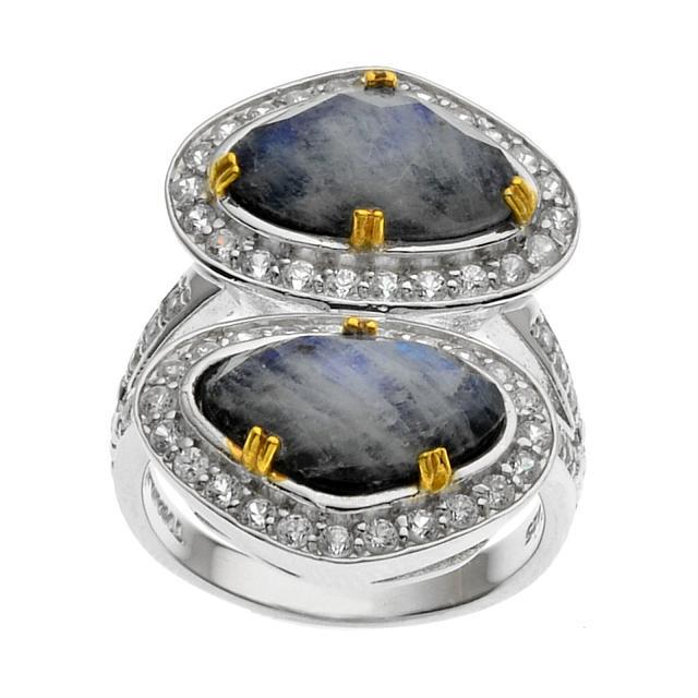 Silver Onyx & Moonstone Doublet Halo Ring-SZ 9: As cool and serene as a summer storm, Addison Lane's ring from the Mara Collection brightens the day. Beautifully crafted in gleaming rhodium over sterling silver with 14k gold plated accents, and ado