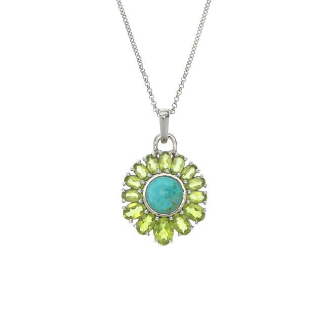 Sterling Silver Turquoise & 4.59ct Peridot Pendant: Enjoy the gorgeous heavenly color of genuine turquoise complemented by sparkling peridot and gleaming rhodium over styling silver with this lovely pendant necklace from the Pangea Mines Treasured Gems