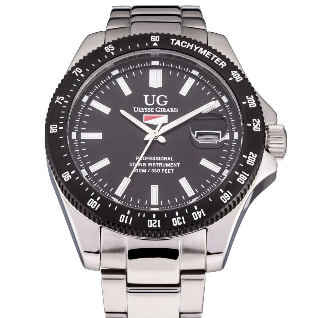 Ulysse Girard Marlin Japan Movement Diver Watch: Flat Colored Dial with large Luminous Rectangular Indicies at the Hour Markers, Miyota 2315 Movement with Easy to Read Luminous Hour and Minute hands with Colored Second Hand, Stainless Steel Case wit