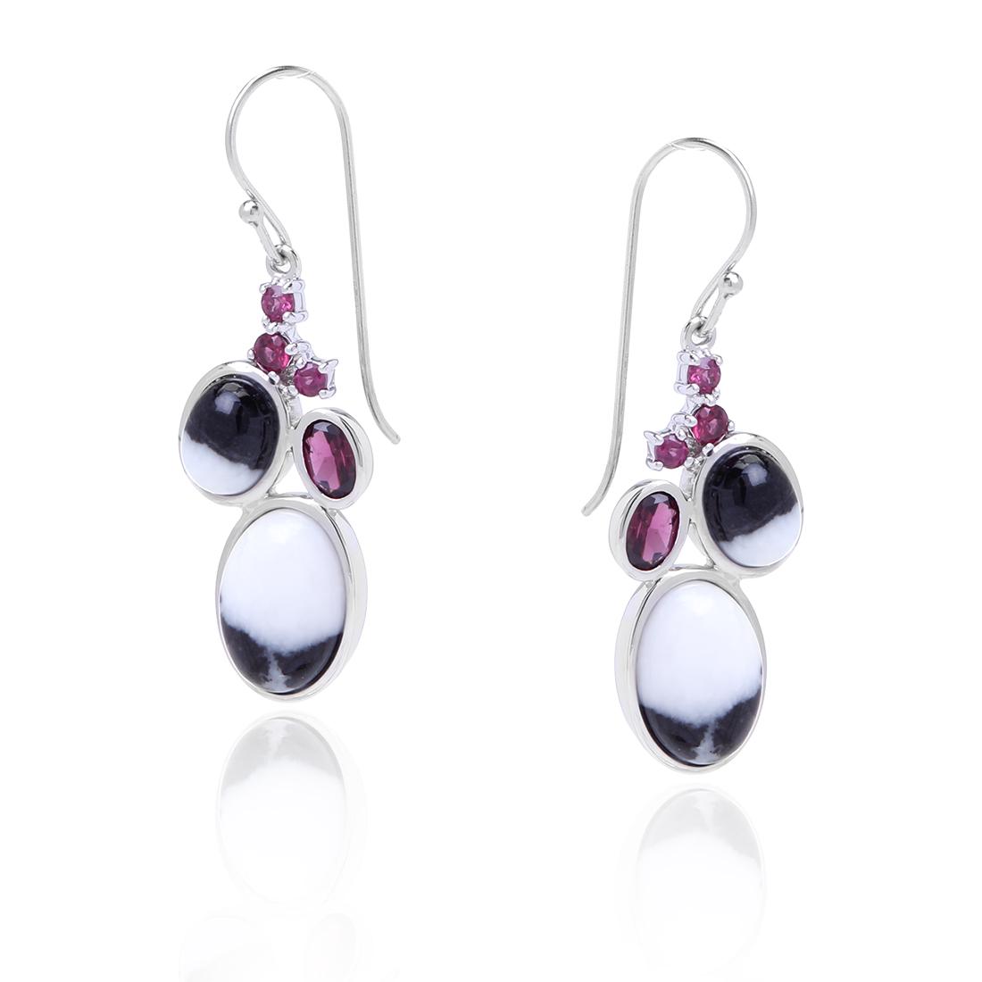 Sterling Silver White Buffalo & Garnet Earrings: Sterling Silver White Buffalo & Garnet Earrings • Metal: Sterling Silver • Stone: White Buffalo & Rhodonite Garnet • Dimensions: 46.7X15.3 mm • Total Weight: 10.8 grams •