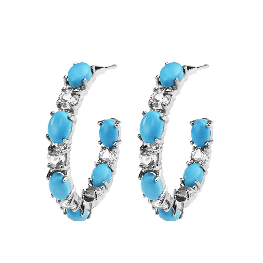 Sterling Silver Turquoise & Topaz Hoop Earrings: Metal: Rhodium over sterling silverStone Information:Stabilized Sleeping Beauty Turquoise: 12 oval shaped 6 x 4mm cabochonsGemstone Choice: 10 round modified-brilliant cut 4mmSetting Type: ProngApprox