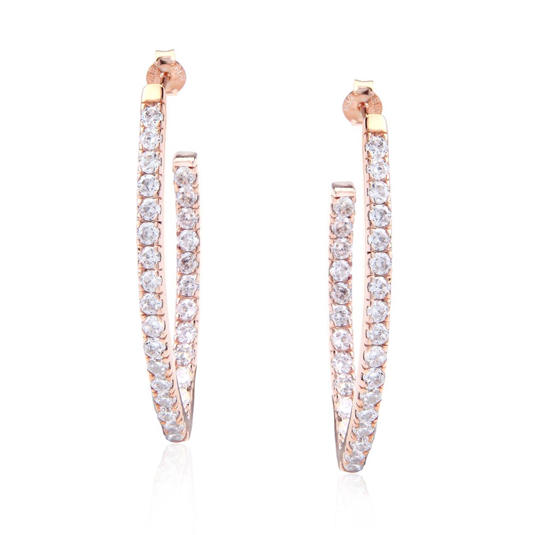 Rose Gold Plated /Sterling Marquise Hoop Earrings: Rose Gold Plated /Sterling Marquise Hoop Earrings • Metal: Sterling Silver • Stone: White CZ • Dimensions: 43.2 X 3.3 mm • Total Weight: 9 grams • Backing: Butterfly