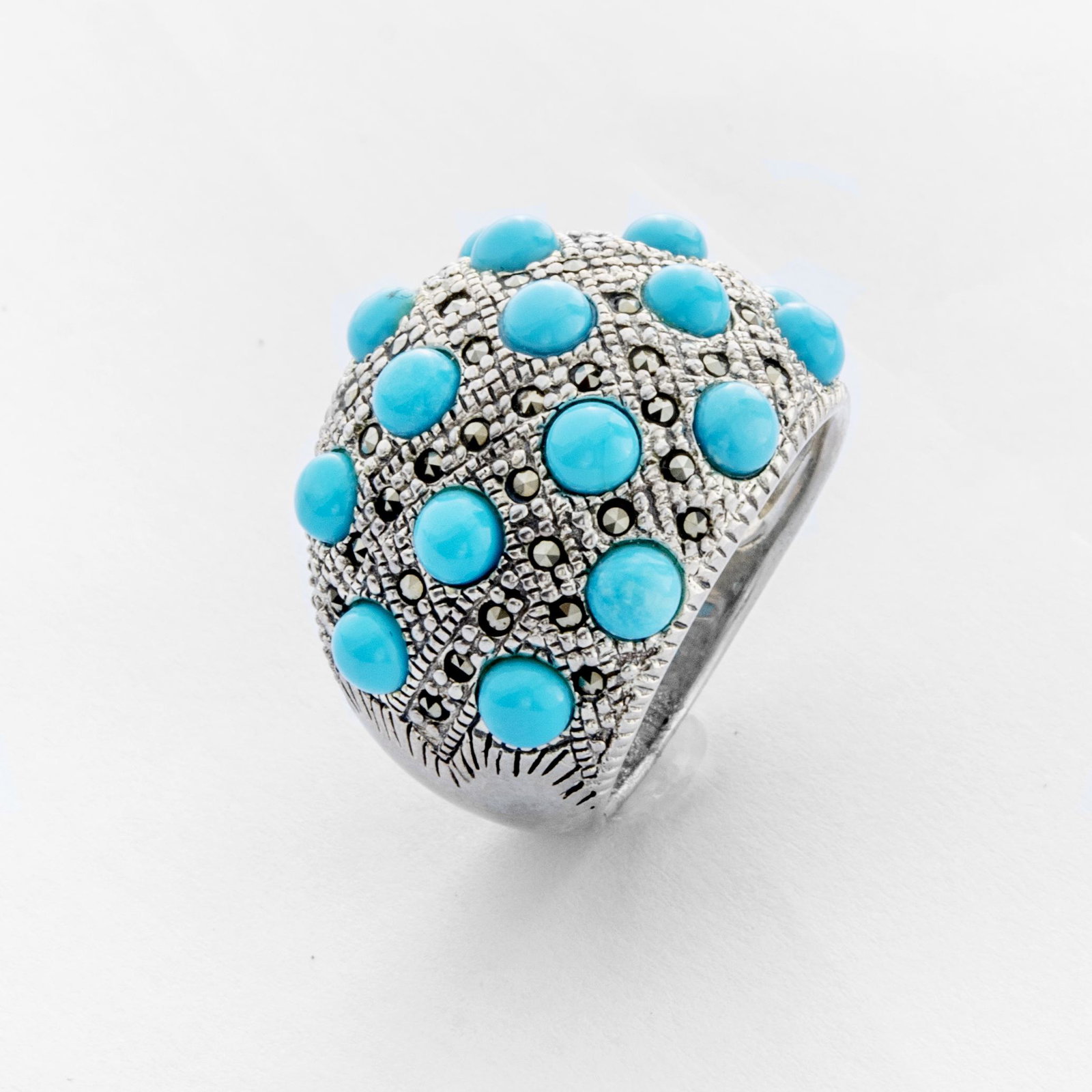 Sterling Silver Turquoise & Marcasite Ring-SZ 9: Heavenly Beauty from the Pangea Mines Turquoise Mecca Collection! Pangea Mines crafts the heavenly beauty of genuine Sleeping Beauty turquoise and adds a marcasite accent to create a truly impressive 