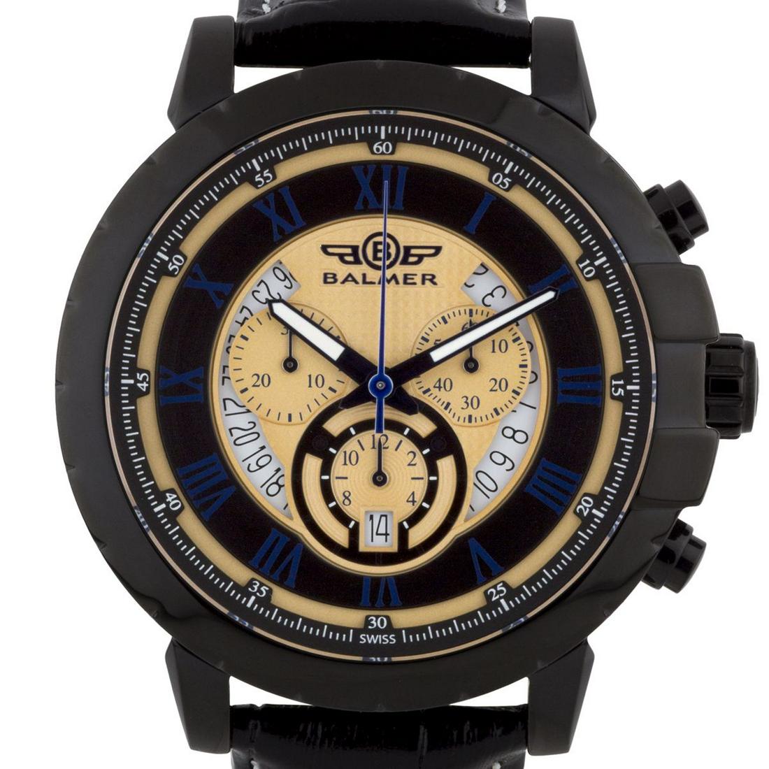 Balmer Atalante Men's Swiss Chronograph Watch: Balmer Atalante Man's Swiss Chronograph Watch - Black Croco Grain Genuine Leather Strap, Black Case, Rose Gold and Black Dial, Blue Accents • Bevel Edged Outer Ring With Graduated Minute Markers