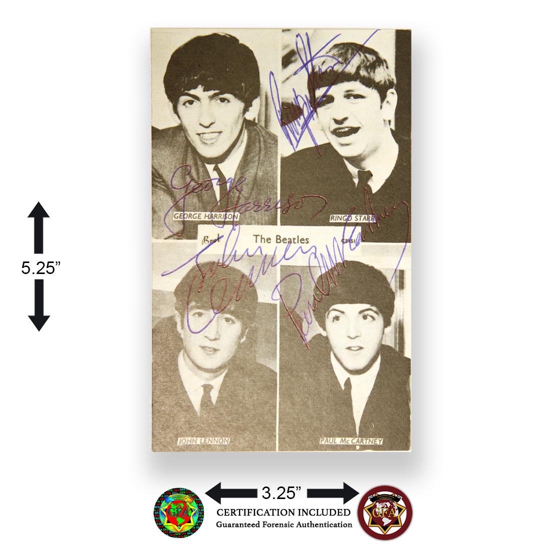The Beatles Signed 3.25x5.25 1964 Postcard: The Beatles (1960-1970) signed 3.25 x 5.25 Black and White 1964 Postcard of the Fab Four at the beginning of their fame. John Lennon, Paul McCartney, George Harrison and Ringo Starr all signed in blue
