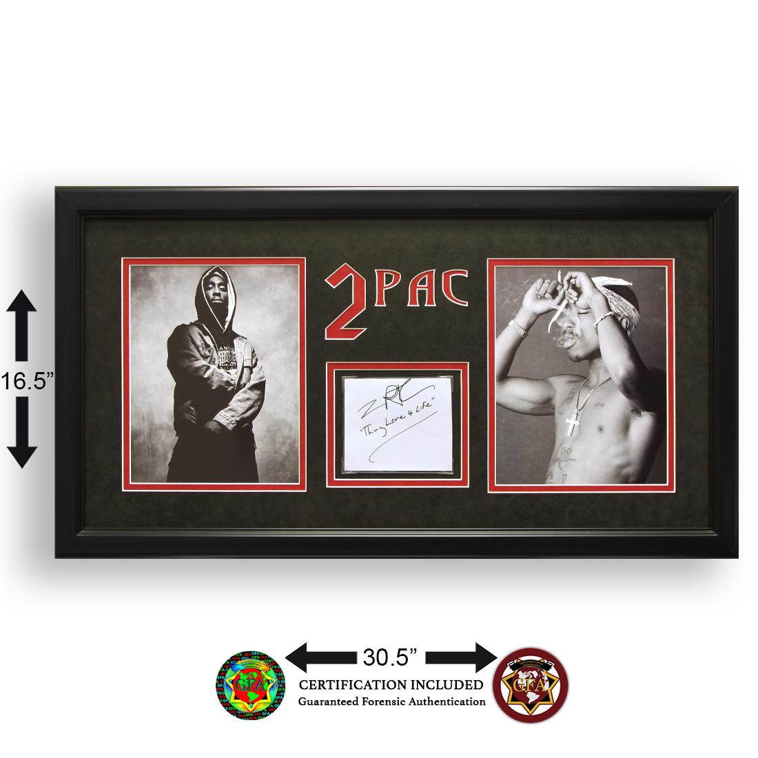 Tupac "2Pac" Shakur Signed Display: Tupac Shakur (June 16, 1971 – September 13, 1996). 2Pac signed 2 ¾ x 4 cut paper. Signed Boldy in black ink and inscribed, ‘Thug Love 4 Life’. Tupac Shakur was an American rappe