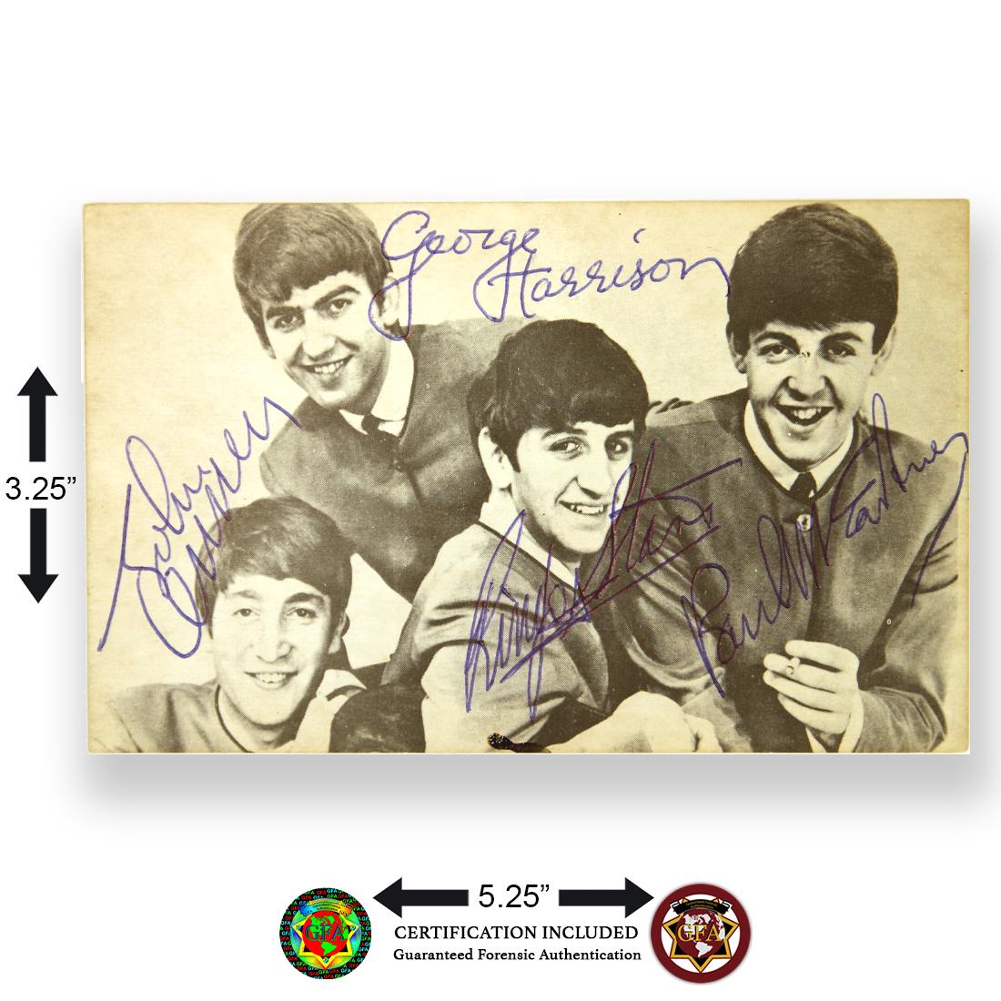 The Beatles signed 3.25x5.25 Black and White: The Beatles (1960-1970) signed 3.25 x 5.25 Black and White 1964 Postcard of the Fab Four at the beginning of their fame. John Lennon, Paul McCartney, George Harrison and Ringo Starr all signed in bold