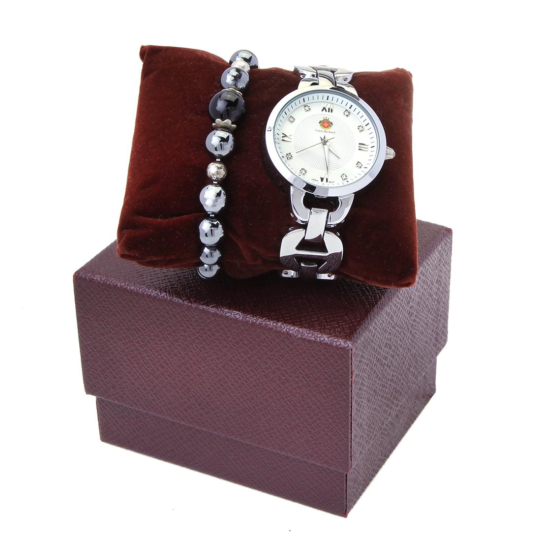 Louis Richard Watch-Silver & Bead Stretch Bracelet: Set of Louis Richard Felina Watch-Silver & Bead Stretch Bracelet • Stone: Hematite/Black Agate/Bead • Width: 12.5 mm • Total Weight: 38.1 grams • Finish: Rhodium