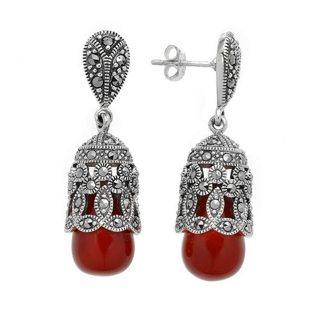 Silver Marcasite & Agate Cage Drop Earrings: Metal: Rhodium over sterling silverStone Information: red agate/ marcasiteSetting Type: adhesiveBacking: ButterflyCountry of Origin: Thailand