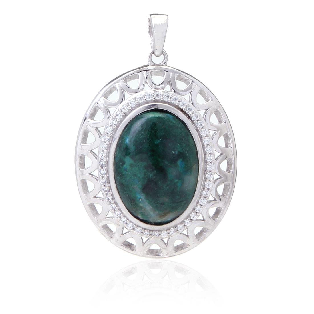 STERLING SILVER CHRYSOCOLA WHITE ZIRCON PENDANT: STERLING SILVER CHRYSOCOLA WHITE ZIRCON PENDANT • METAL: STERLING SILVER • STONE: CHRYSOCOLA ,WHITE ZIRCON • DIMENSIONS: 38.74X25.9 MM • TOTAL WEIGHT: 9.81 GRS • FINISH: 