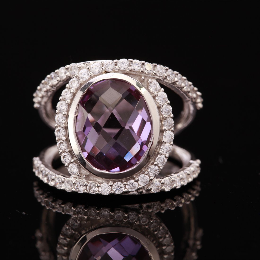 Sz 6.5 Sterling Syn Alexandrite & Zircon Wide Ring (1 of 3)