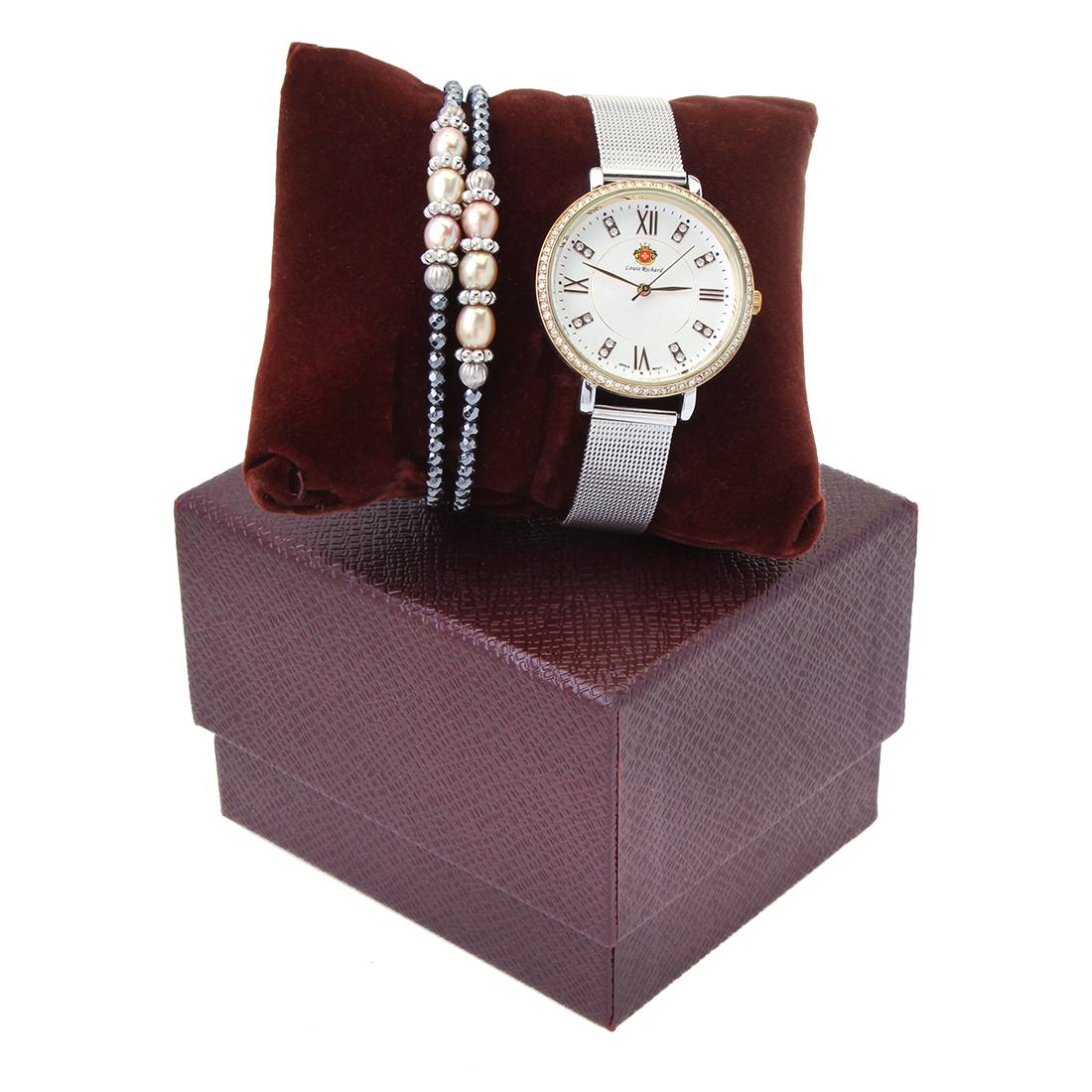 Louis Richard Watch-2Tone & Bead Coil Bracelet: Set of Louis Richard Roslin Watch-Two Tone Silver/Gold & Bead Coil Bracelet • Stone: Gold Pearl & Hematite&Bead • Width: 16.2 mm • Total Weight: 16.1 grams • Finish: Rhodium