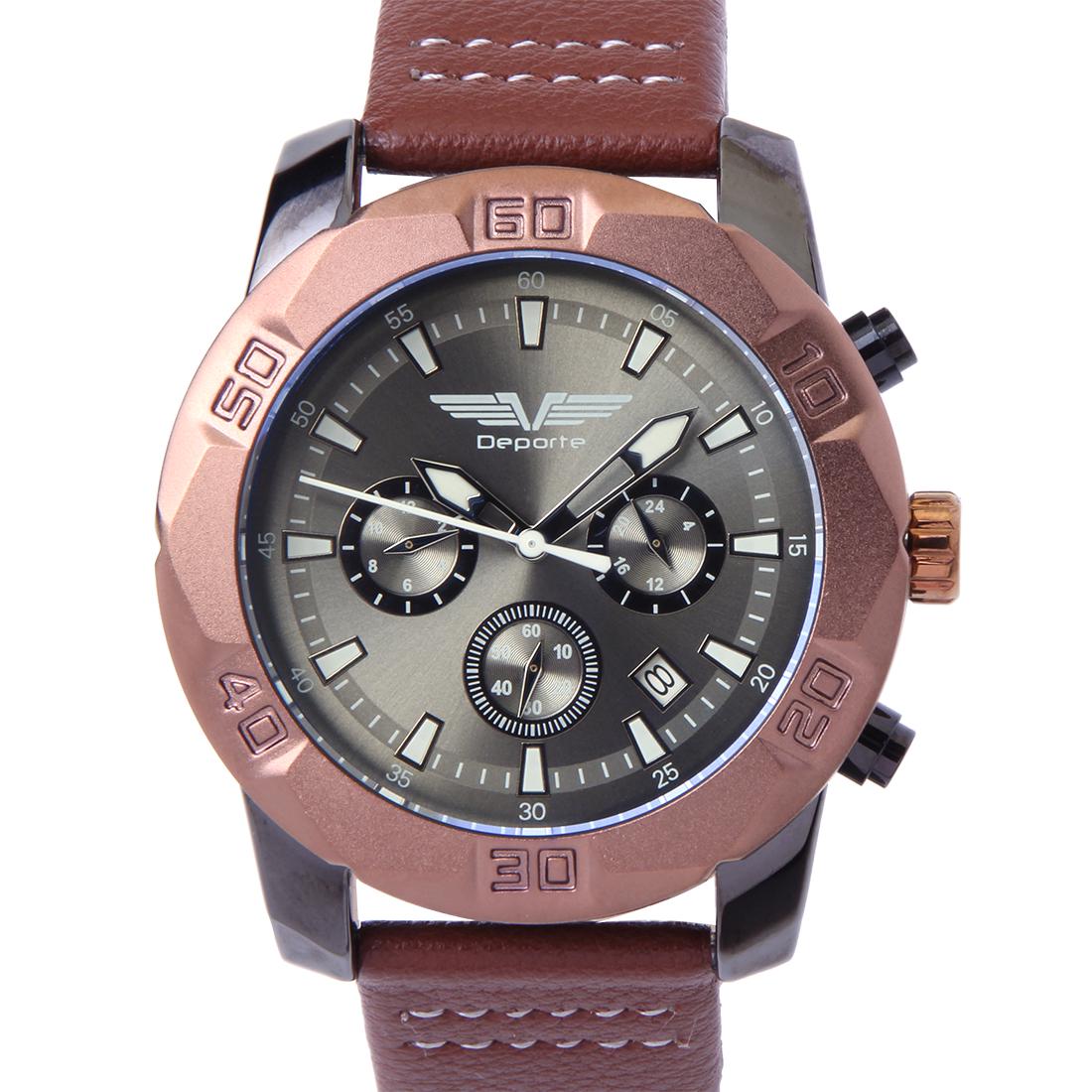 Deporte D-T Gun Metal Men's Sport Watch: The Deporte dual time men's watch features a gunmetal case and brown bezel, gunmetal dial and genuine brown leather band
