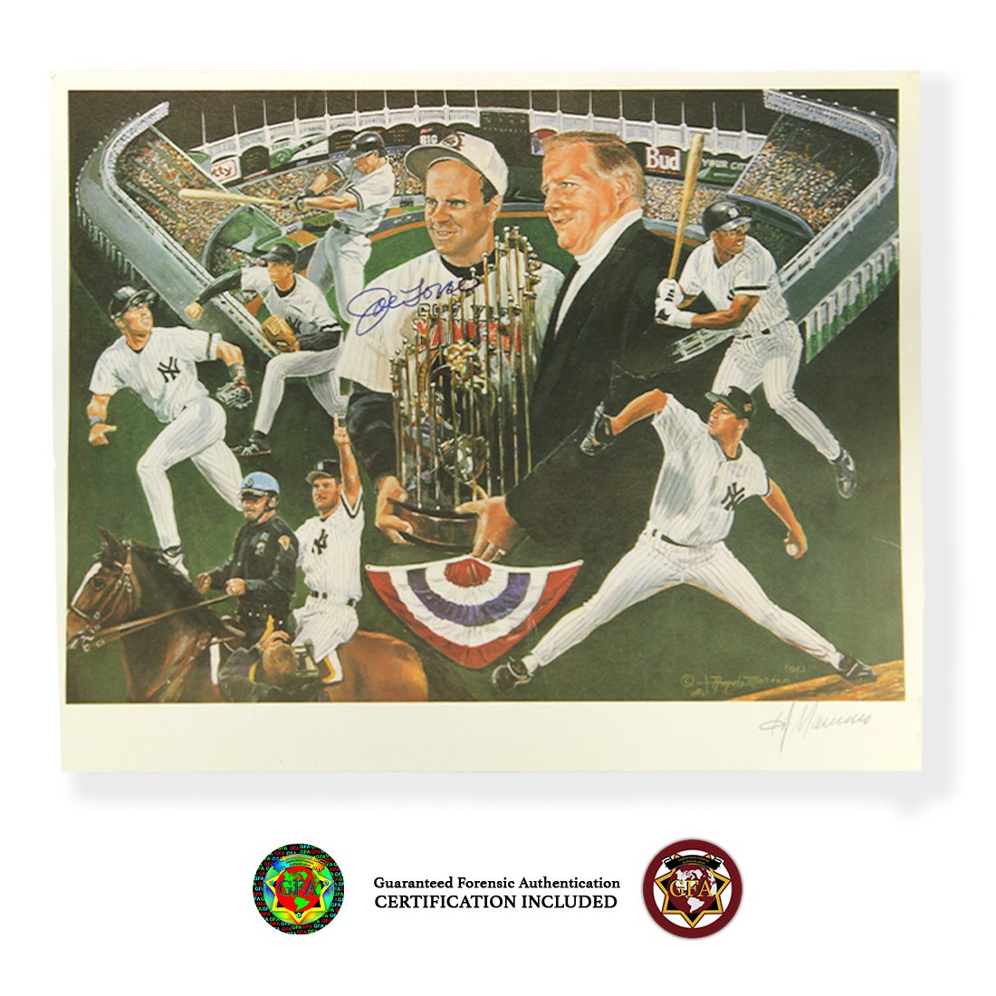 Joe Torres N.Y Yankees SignedLithograph: Joe Torre was born on July 18, 1940. Angelo Marino Lithograph signed by Joe Torre in blue ink. Featuring George Steinbrenner holding the trophy and several key players from the 1996 World Champi