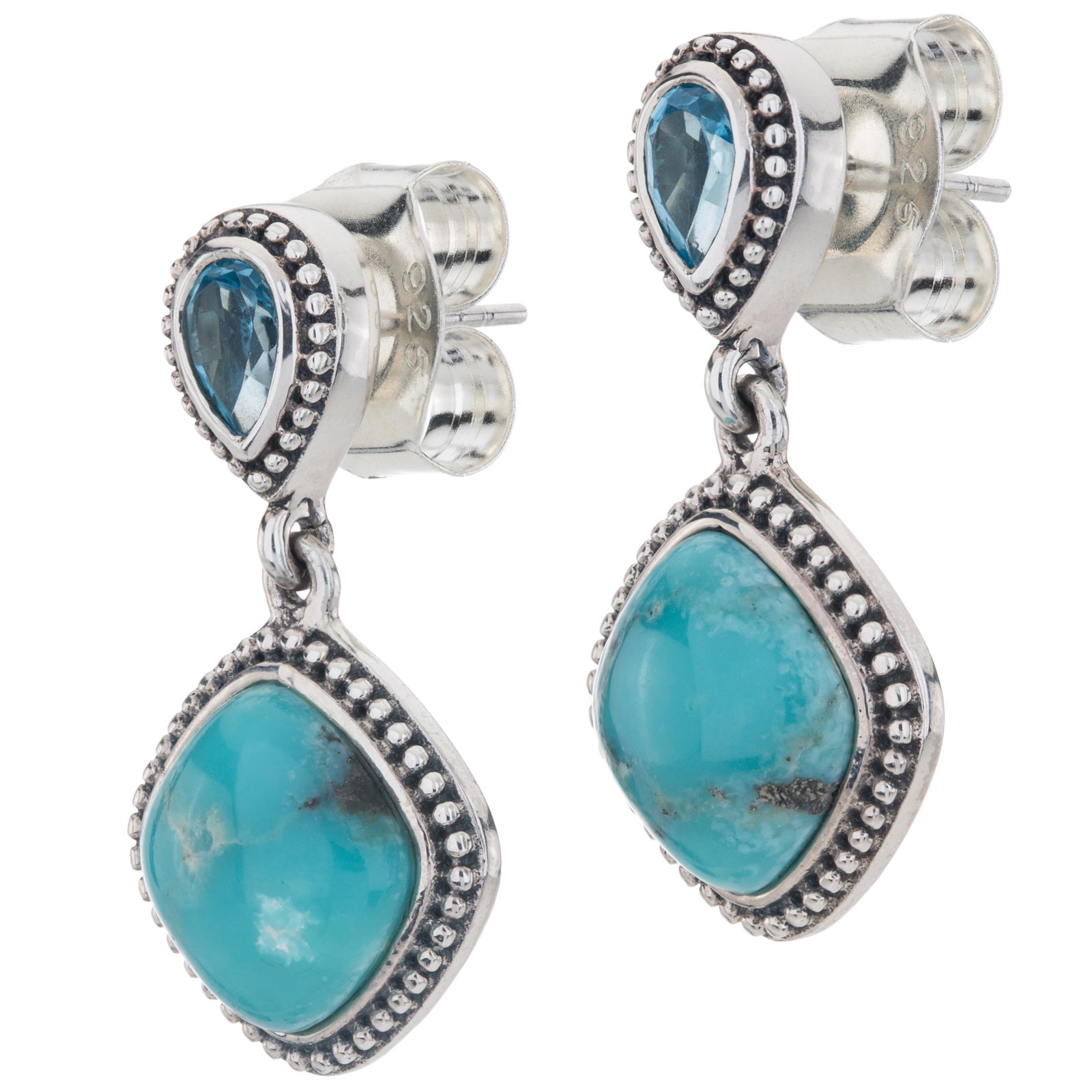 Silver Turquoise & Topaz Beaded Drop Earrings: 925 Sterling Silver Pangea Mines crafts beautiful drop earrings with a cushion shaped genuine Campo Frio turquoise cabochon accented with a genuine pear cut Swiss blue topaz gemstone and a beaded bord
