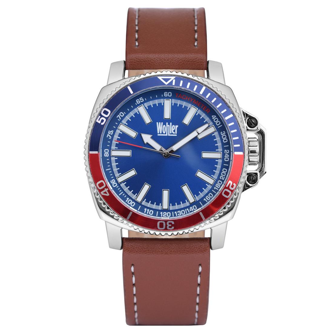 Wohler Manhattan 43mm Case Men's Watch: Main Features: Leather Strap with White Stitching & Blue dial, Blue & Red Bezel with a Silver Case Hands: Luminous WhiteCase Thickness: 13mmStrap Width: 22mm StrapMovement:Japanese Quartz MovementStra