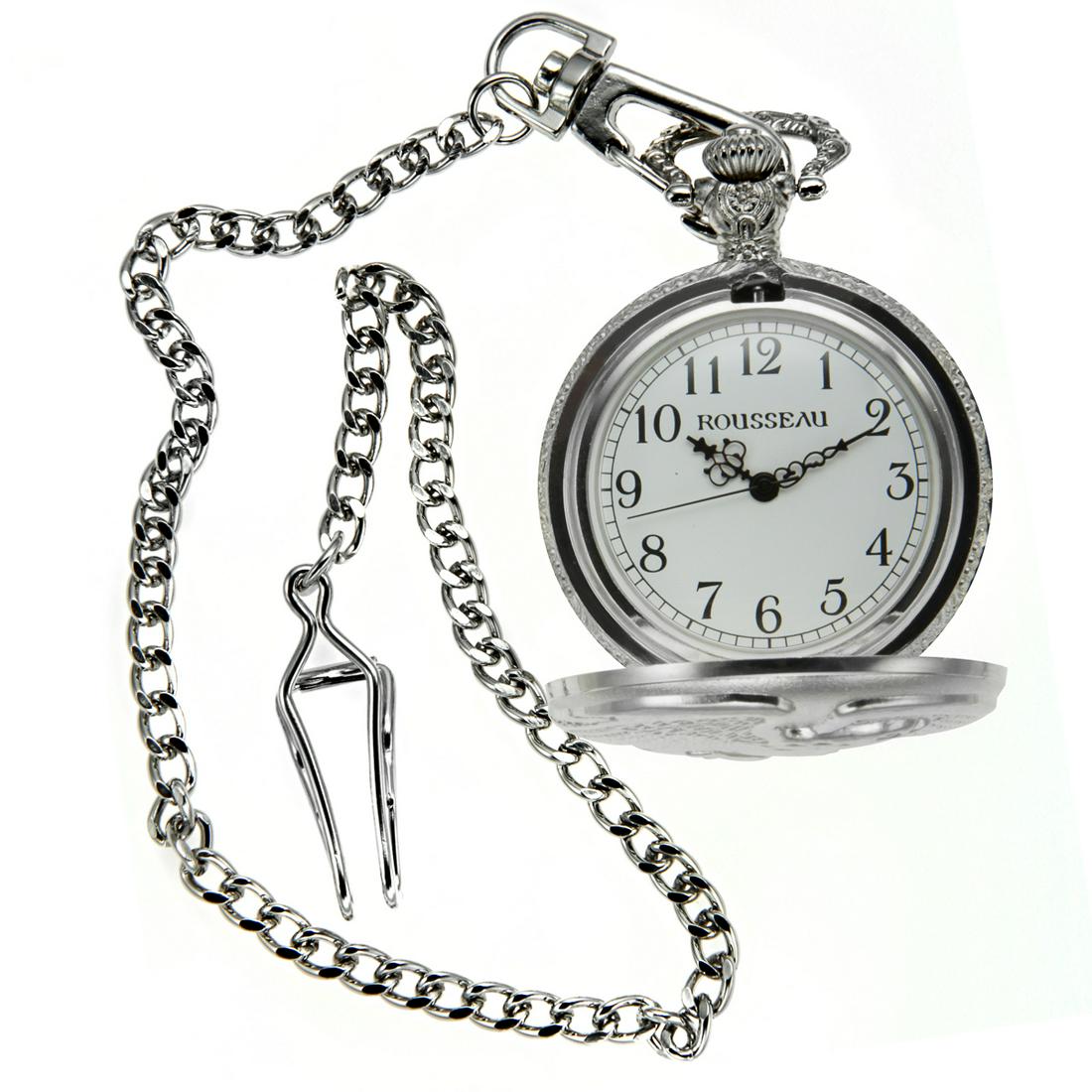 Rousseau 42mm Case Eagle Engraved Pocket Watch: There's more than meets the eye with the Eagle Pocket Watch. The antique.styled silver pocket watch features an engraved spread eagle on the lid and a vivid white analog display. Elegant? Absoultely.