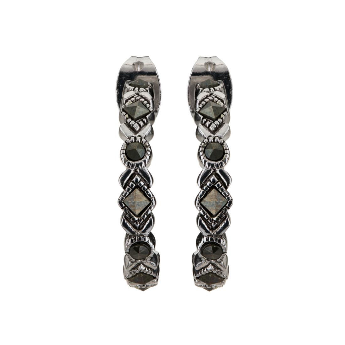 Genuine Marcasite Hoop Earrings: • Genuine marcasite• Measurement: 20mm x 3mm x 2mm• Butterfly backings for comfortable fit• Gleaming rhodium over brass