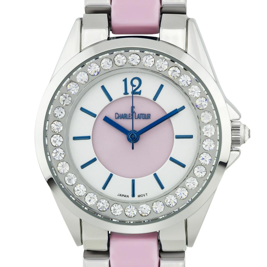 Charles Latour 34mm Case Crystal Bezel Ladie Watch: The Charles Latour has a sleek 34mm case with stunning Czech crystals surround the outer chapter ring. A mirror finish arabic numeral at 12, and a pearlized dial core compliment the variaty of colors 