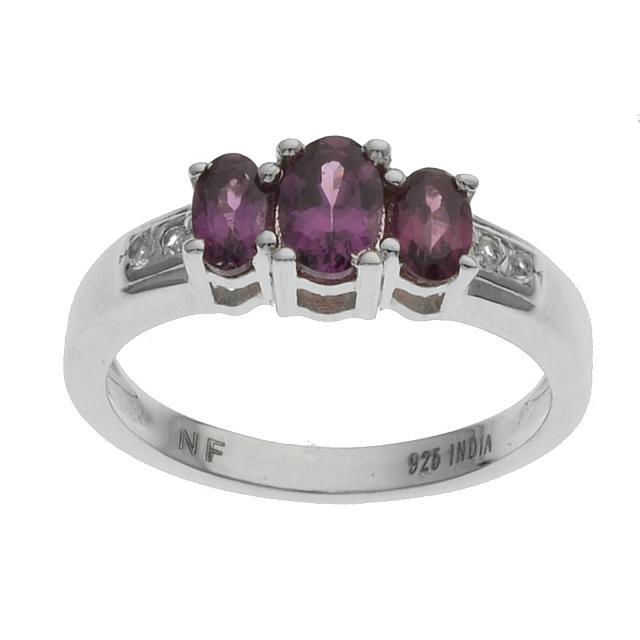 Silver Purple Garnet & Topaz 3-Stone Ring-SZ 7: Metal: Rhodium over sterling silverStone Information:Gemstone Choice: One oval cut 6 x 4mm and two oval cut 5 x 3mm purple garnetsWhite Topaz: Four round modified-brilliant cut 1.4mmSetting Type: Pron