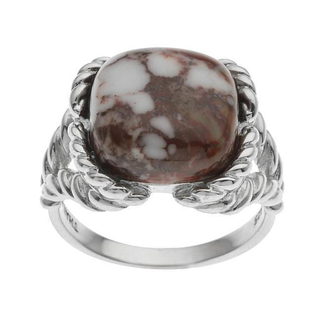 Sterling Silver Wild Horse Rope Detailed Ring-SZ 10: Metal: Rhodium over sterling silverStone Information: One cushion shaped 12 x 12mm Wild Horse jasper cabochonSetting Type: AdhesiveMeasurements: 1/2"L x 5/8"W x 1/4"HCountry of Origin: Thailand