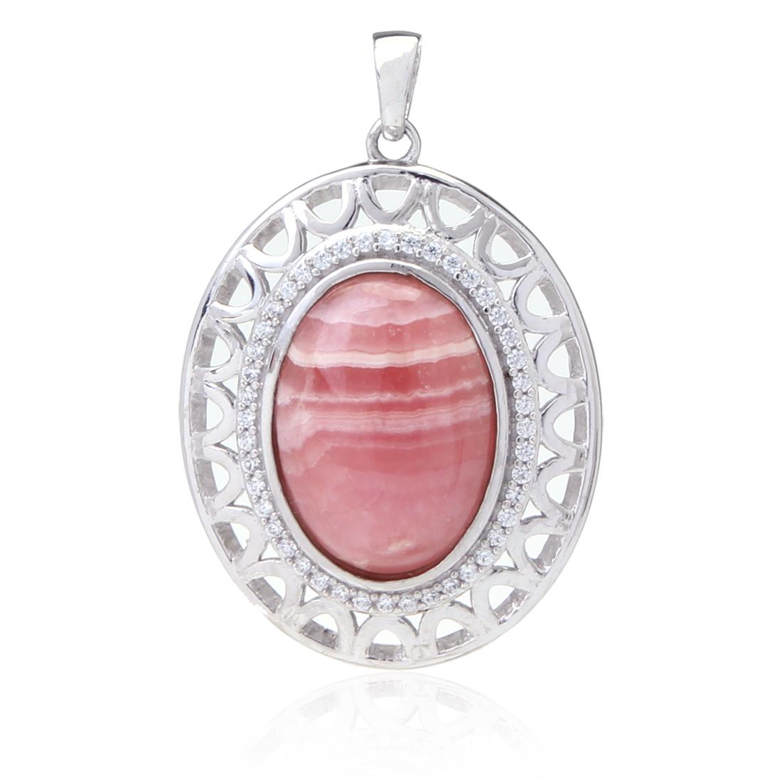 Sterling Silver Rhodochrosite & Zircon Pendant: Sterling Silver Rhodochrosite & Zircon Pendant • Metal: Sterling Silver • Stone: Rhodochrosite& White Zircon • Dimensions: 38.97X26.17 Mm • Total Weight: 9.08 Grs • Finis