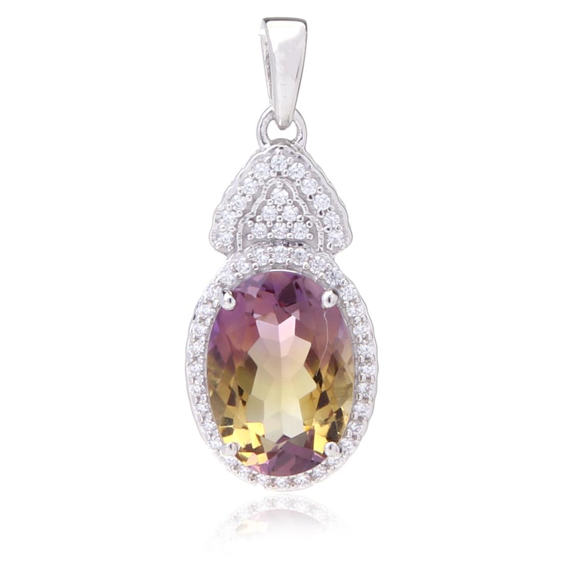 Sterling Nano Ametrine & White Zircon Pendant: Sterling Nano Ametrine & White Zircon Pendant • Metal: Sterling Silver • Stone: Nano Ametrine&White Zircon • Dimensions: 32.2X13.2 Mm • Total Weight: 4.13 Grs • Finish: R