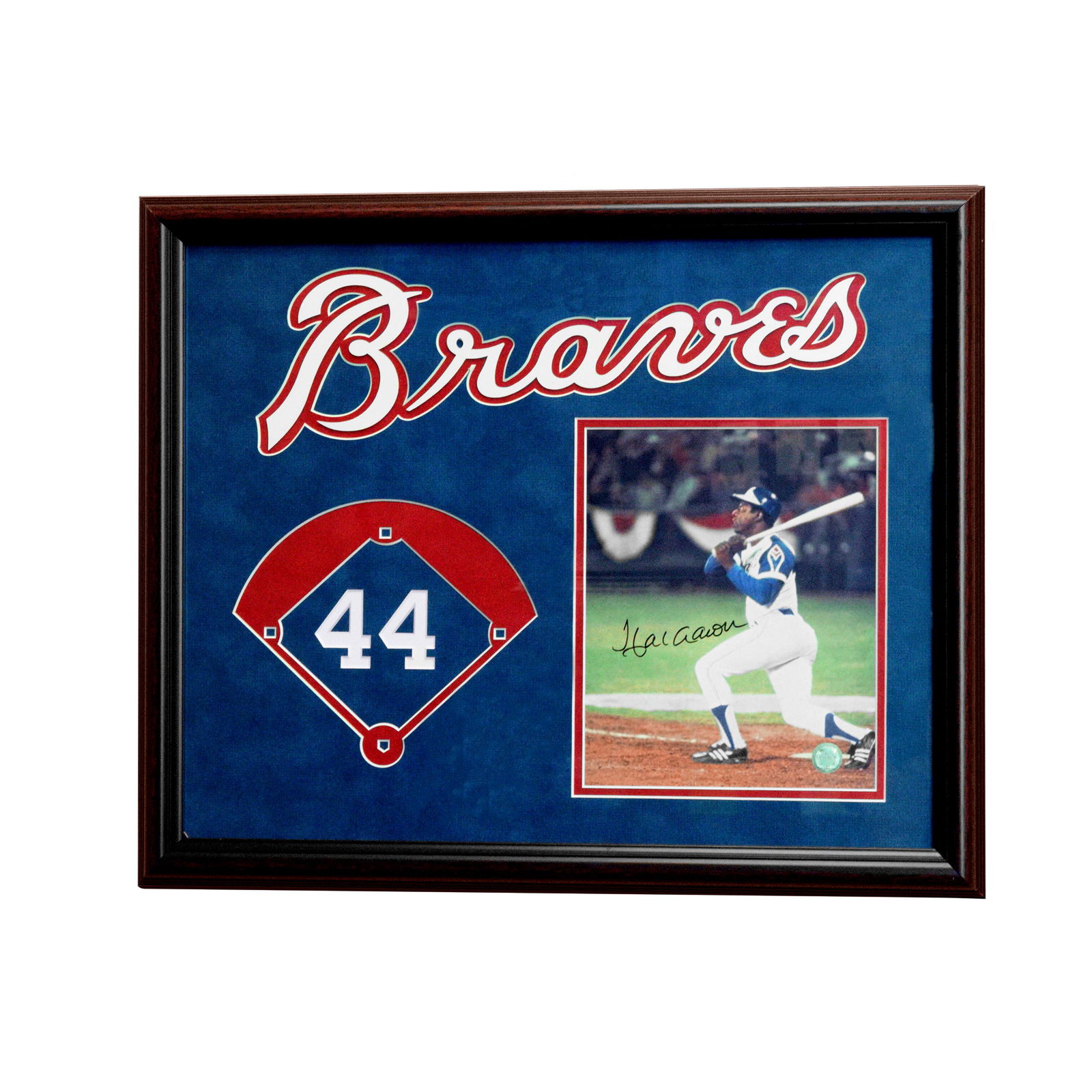 Hank Aaron Atlanta Braves Framed 20x16 sigend GFA: Hank Aaron's most notable achievement was breaking the career home run record set by Babe Ruth. During his career, Aaron performed at a consistently high level for an extended period of time. He hit 2