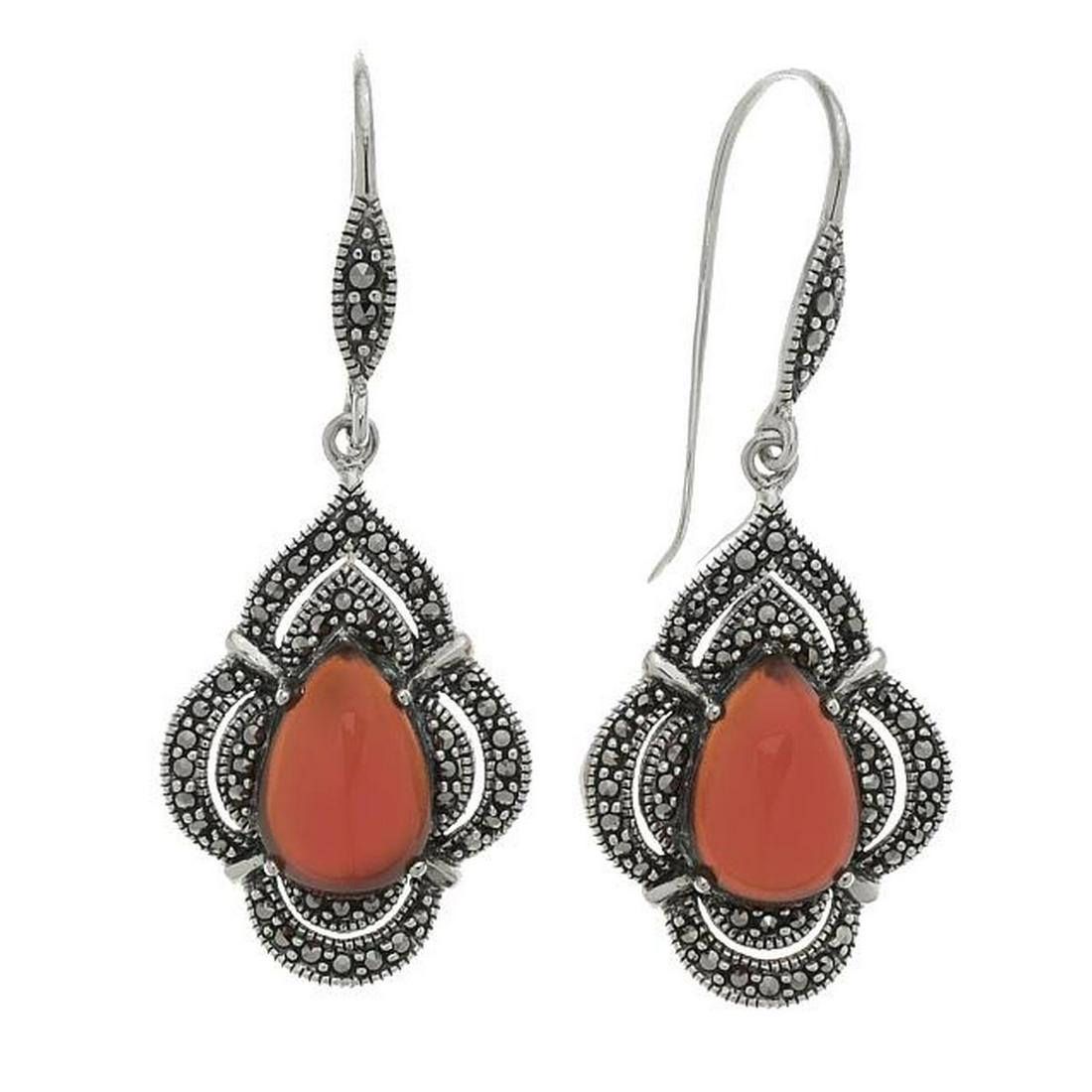 Silver Red Agate & Marcasite Pear Drop Earrings: Inspired by classic lines and stylings, Addison Lane presents these striking earrings from the Felicity Collection. Fine sterling silver is beautifully crafted in an attractive oxidized finish and ado