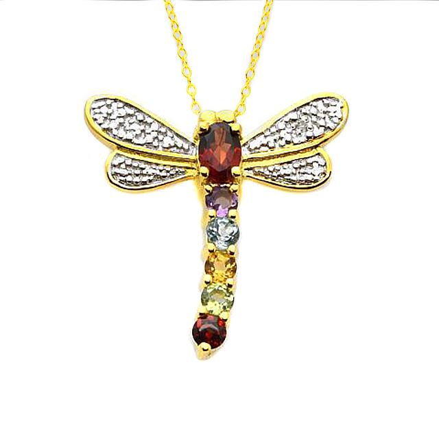 18K Gold Plated Multi-gemstone Dragonfly Pendant: Add a delightful, whimsical accent with this dragonfly pendant necklace from the Pangea Mines Critter Couture Collection. Beautifully detailed with Brazilian amethyst, blue topaz, citrine, peridot, an