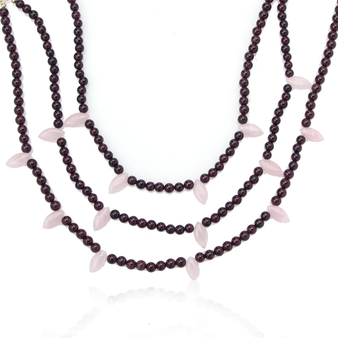 Triple Strand Garnet Layered Rose Quartz Necklace (1 of 3)