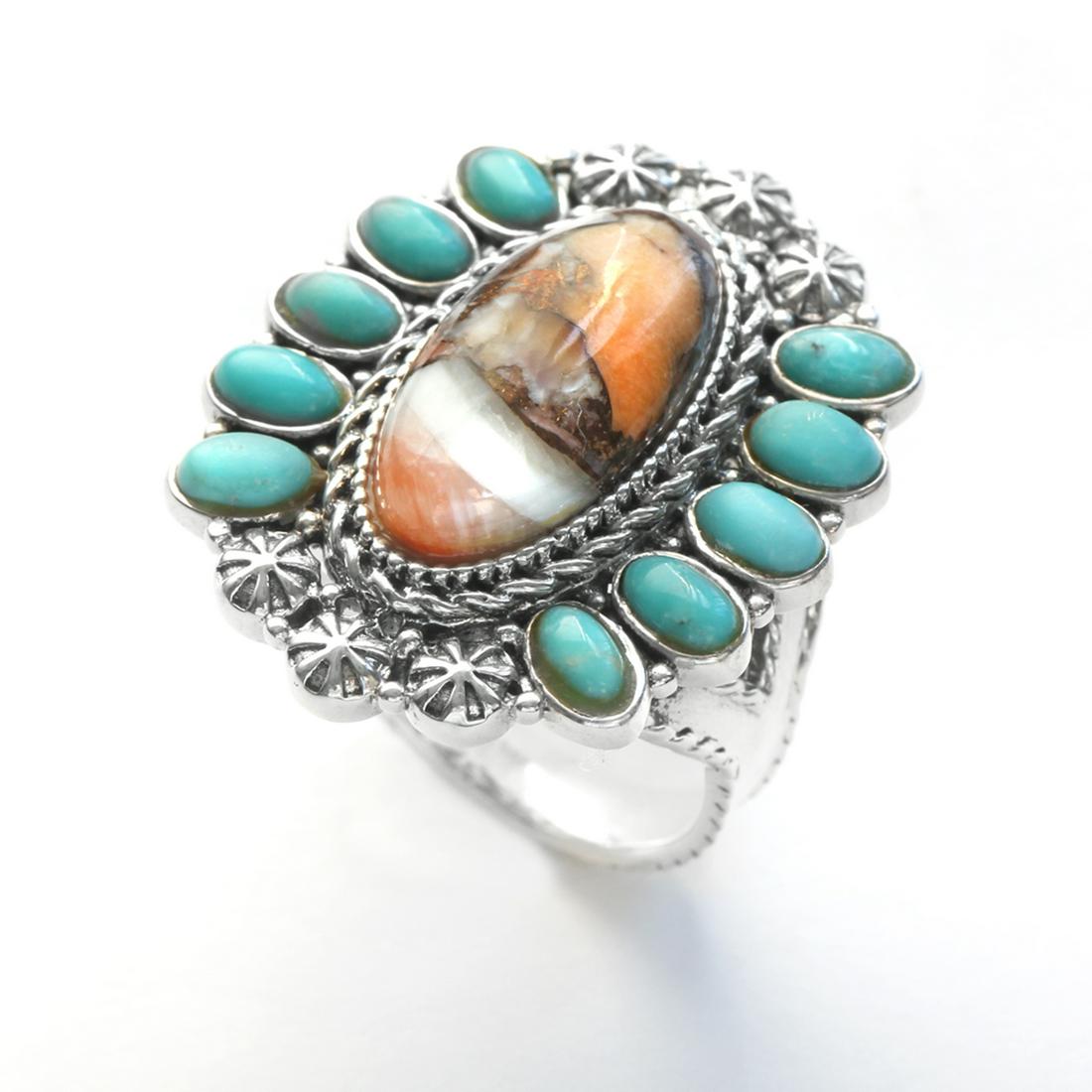 Sterling Silver Spiny Oyster & Turquoise Ring-SZ 5: Metal: Rhodium over sterling silver with oxidized accentsStone Information:Compressed and Stabilized Orange Spiny Oyster: One oval 18 x 9mm cabochonsStabilized Campo Frio Turquoise: 10 oval 5 x 3mm ca