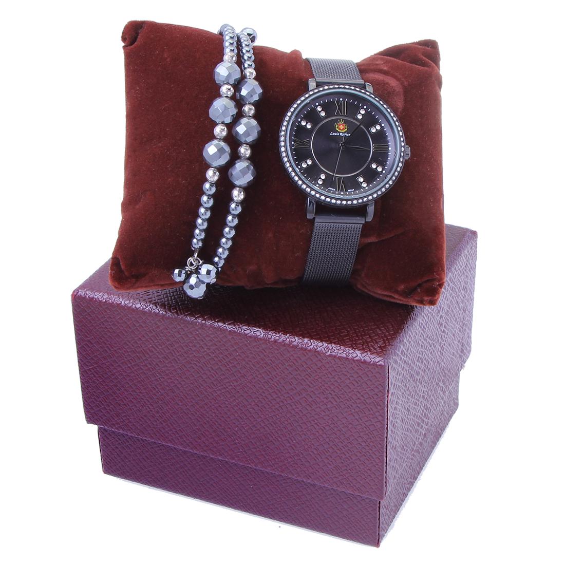Louis Richard Watch-Black & Bead Coil Bracelet: Louis Richard Watch-Black & Bead Coil Bracelet 7"• Stone: Hematite & Beads • Width: 14.08 mm • Total Weight: 25.2 grams • Finish: Rhodium