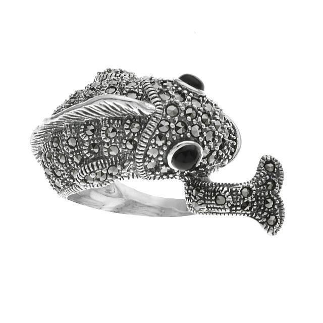 Sterling Silver Marcasite & Agate Fish Ring-SZ 10: Reel in a lovely new addition to your collection! Addison Lane crafts this whimsical fish design ring in oxidized sterling silver and adorns it with marcasite and striking genuine black agate.Black ag