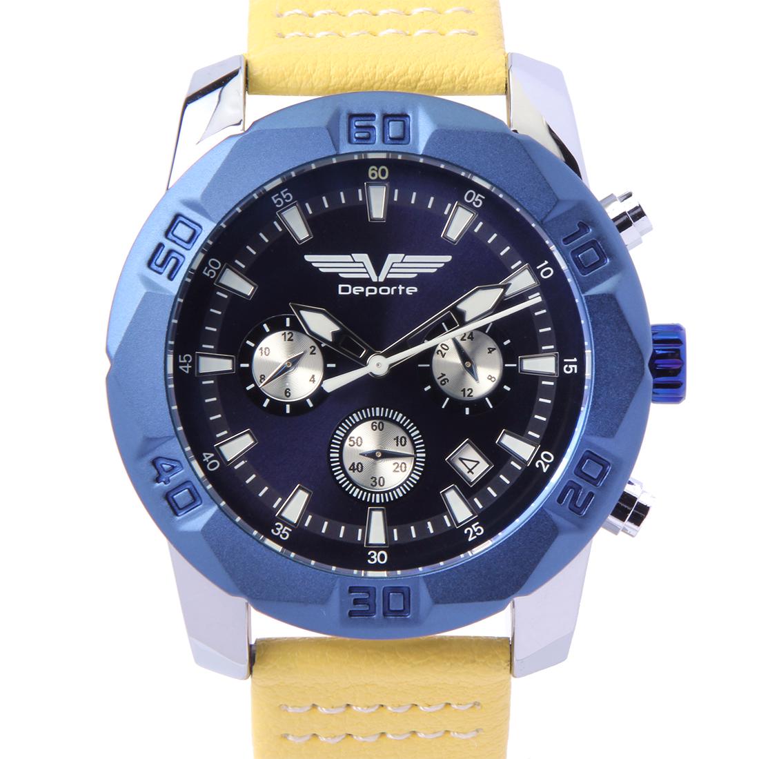 Deporte D-T Silver On Blue Men's Sport Watch: The Deporte dual time men's watch features a silver case and blue bezel, blue dial and genuine cream colored leather band