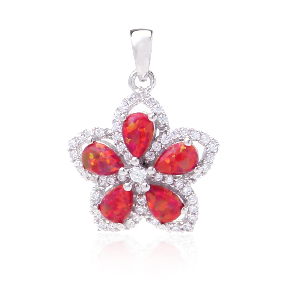 Sterling Silver Red Opal Zircon Flower Pendant: Sterling Silver Red Opal Zircon Flower Pendant • Metal: Sterling Silver • Stone: Syn Red Opal& White Zircon • Dimensions: 26.44 X 19.35Mm • Total Weight: 3.3 Grs • Finish