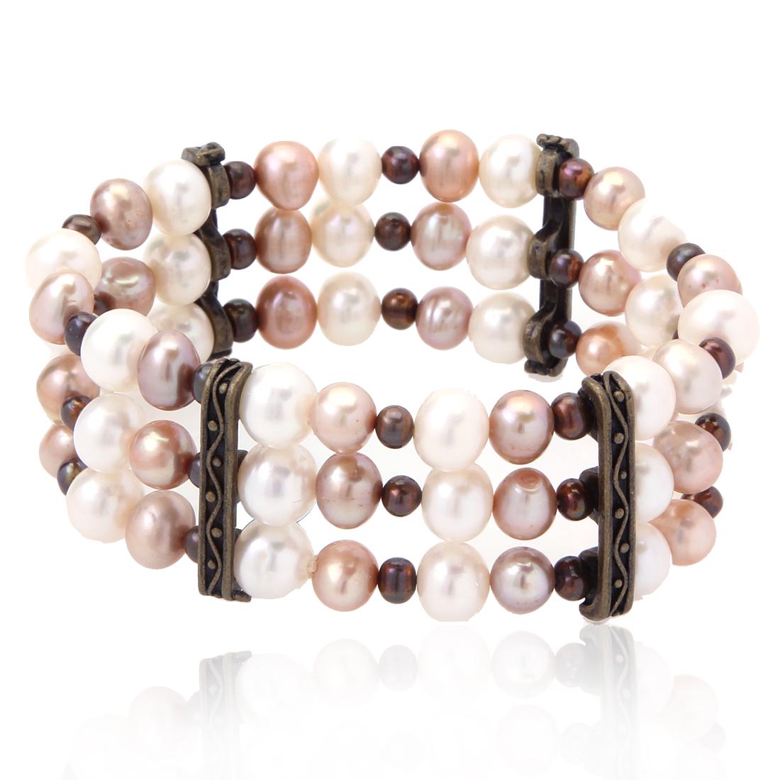 Triple Strand Multi Color Pearl Stretch Bracelet (1 of 2)