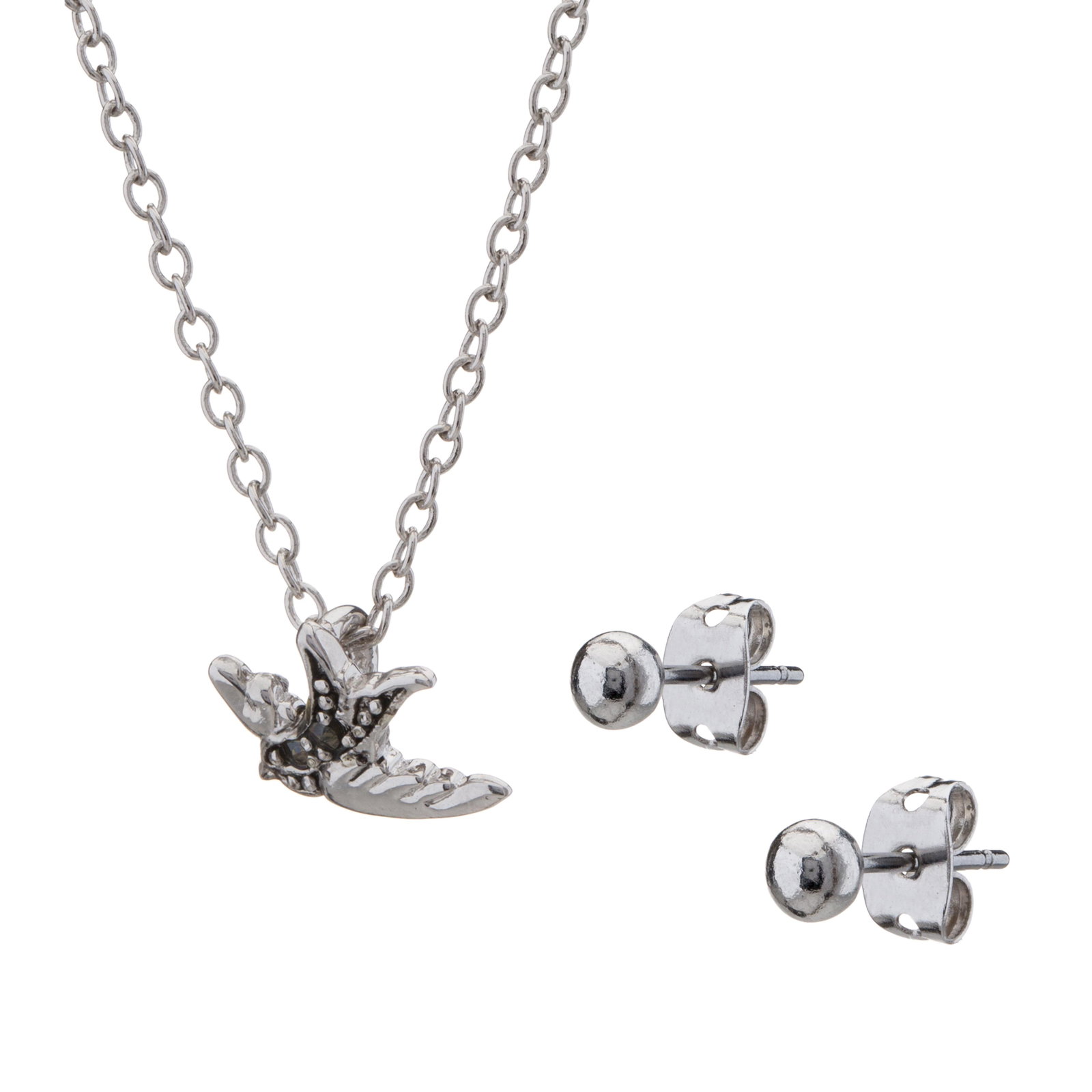 Genuine Marcasite Bird Pendant w/chain&Earring Set: A complete look from Romilly! A lovely, intricately detailed bird pendant is crafted in gleaming silver plate and embellished with genuine marcasite pavé and matched with ball stud earrings to cr