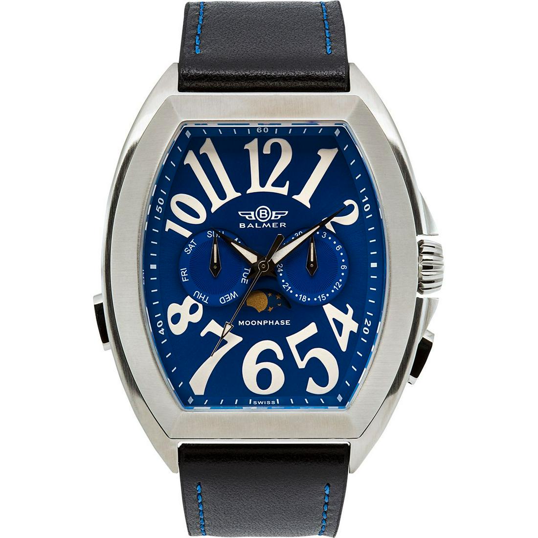 Balmer Cobra Elegante Mens Swiss Master Watch: Balmer Cobra Elegante Mens Swiss Master Calendar Watch - Black Leather Strap, Royal Blue Dial, Silver Case •Black concave ring with white print marking, Black sunray dial, printed superluminova 