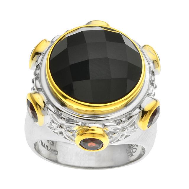 Silver Checkerboard Black Onyx Cocktail Ring-SZ 8: • Genuine black onyx & mozambique garnet • 1.68cwt garnet • Checkerboard cut gemstone charming cocktail ring& scroll shapes cut-out accents • Gleaming rhodium over fine sterlin