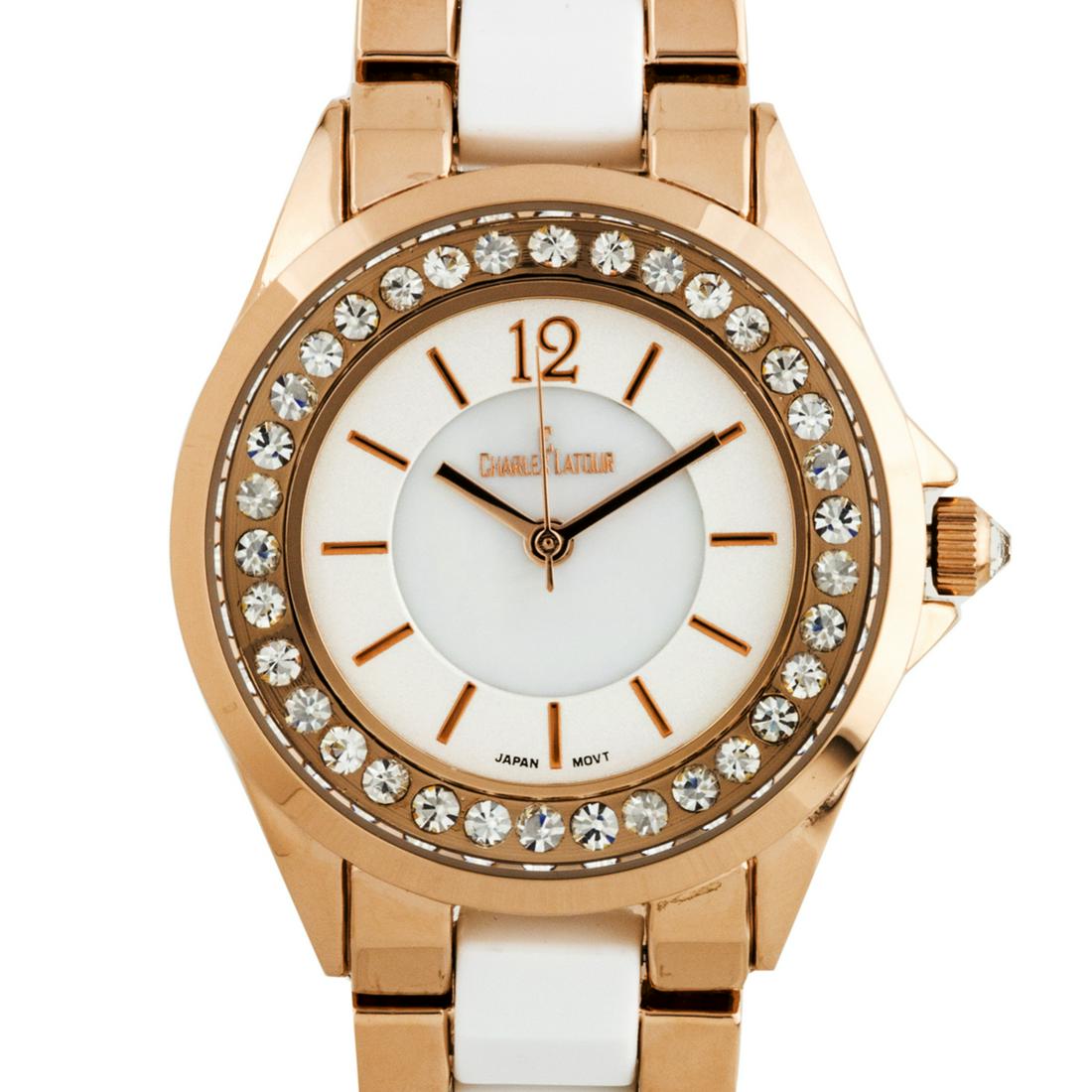 Charles Latour 34mm Case Dial Crystal Bezel: The Charles Latour has a sleek 34mm case with stunning Czech crystals surround the outer chapter ring. A mirror finish arabic numeral at 12, and a pearlized dial core compliment the variaty of colors 