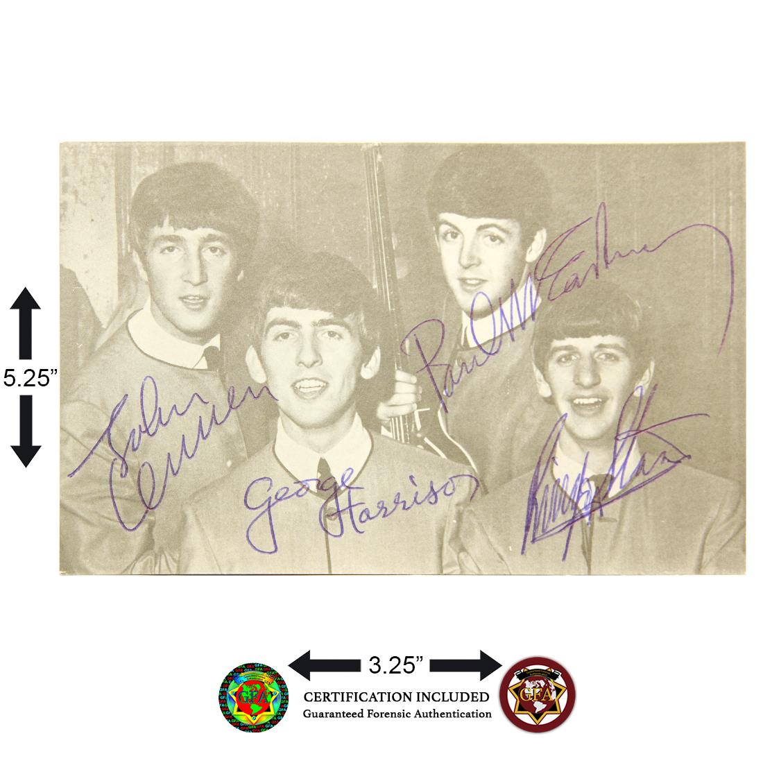 The Beatles(1960-1970) Signed Photograph postcard: The Beatles (1960-1970) signed 3.25 x 5.25 Black and White Photo Postcard of the Fab Four from 1963. John Lennon, Paul McCartney, George Harrison and Ringo Starr each has boldly signed across their im