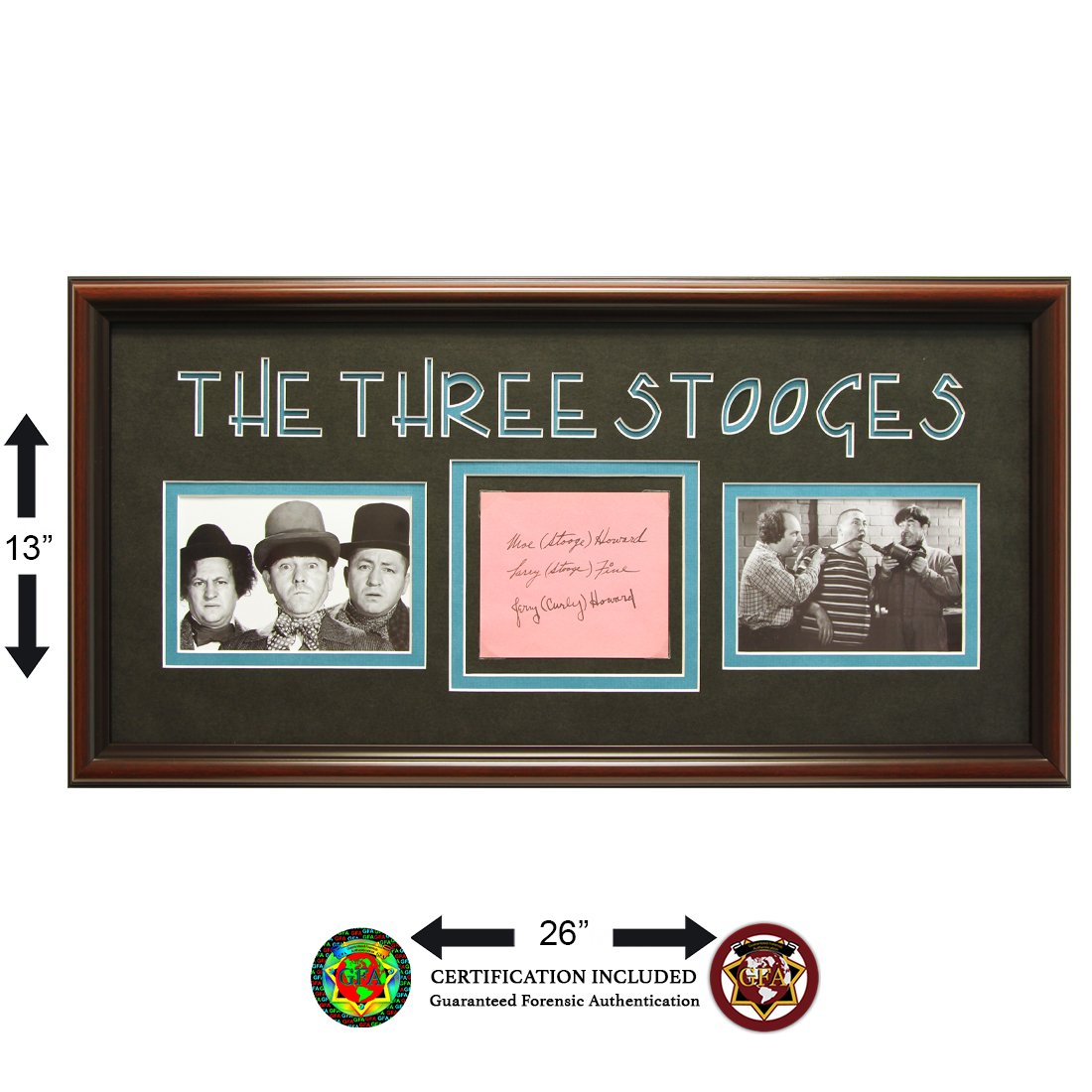 The Three Stooges Signed Autograph Note: Moe Howard (June 19, 1887 – May 4, 1975), Larry Fine (October 5, 1902 – January 24, 1975) and Jerry Howard (October 22, 1903 – January 18, 1952). 4 X 4 signed cut. Boldy Signed in Bl