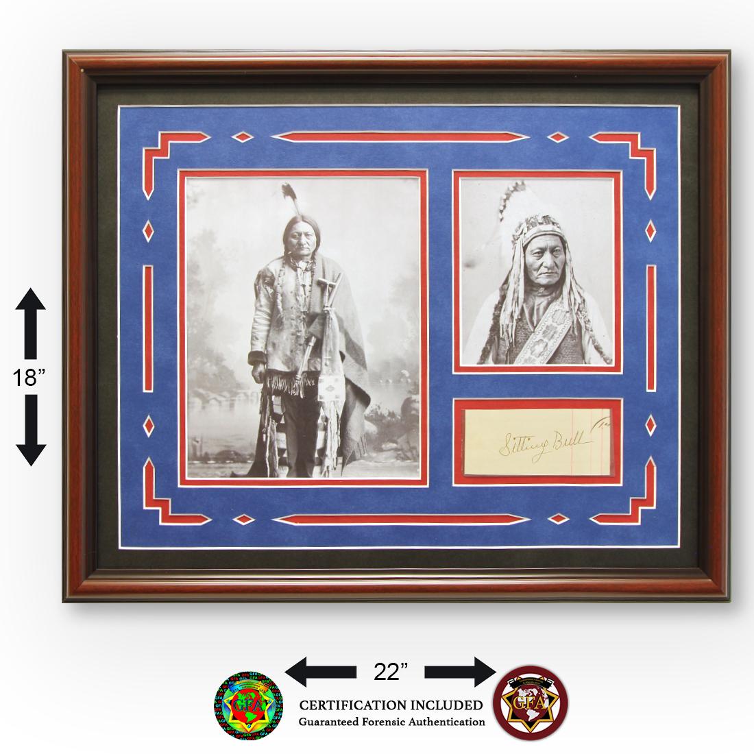 Sitting Bull Signed Autograph Page: Sitting Bull (1831 – December 15, 1890). Sitting Bull autographed 2.5 X 5 paper. Signed Boldly with lead pencil. Sitting Bull was Arguably the most powerful and perhaps famous of all Native Amer