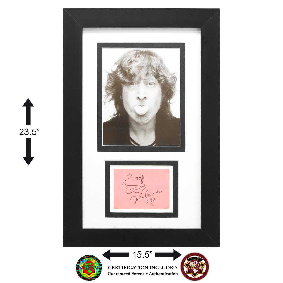 John Lennon Signed Hand-Drawn Bag One Sketch: John Lennon (October 9, 1940 – December 8, 1980). John Lennon signed 4.25 X 5.5 hand-drawn Bag One Sketch. Drawing and Signature are signed in black ink. John drew the art for Yoko Ono as a wedd