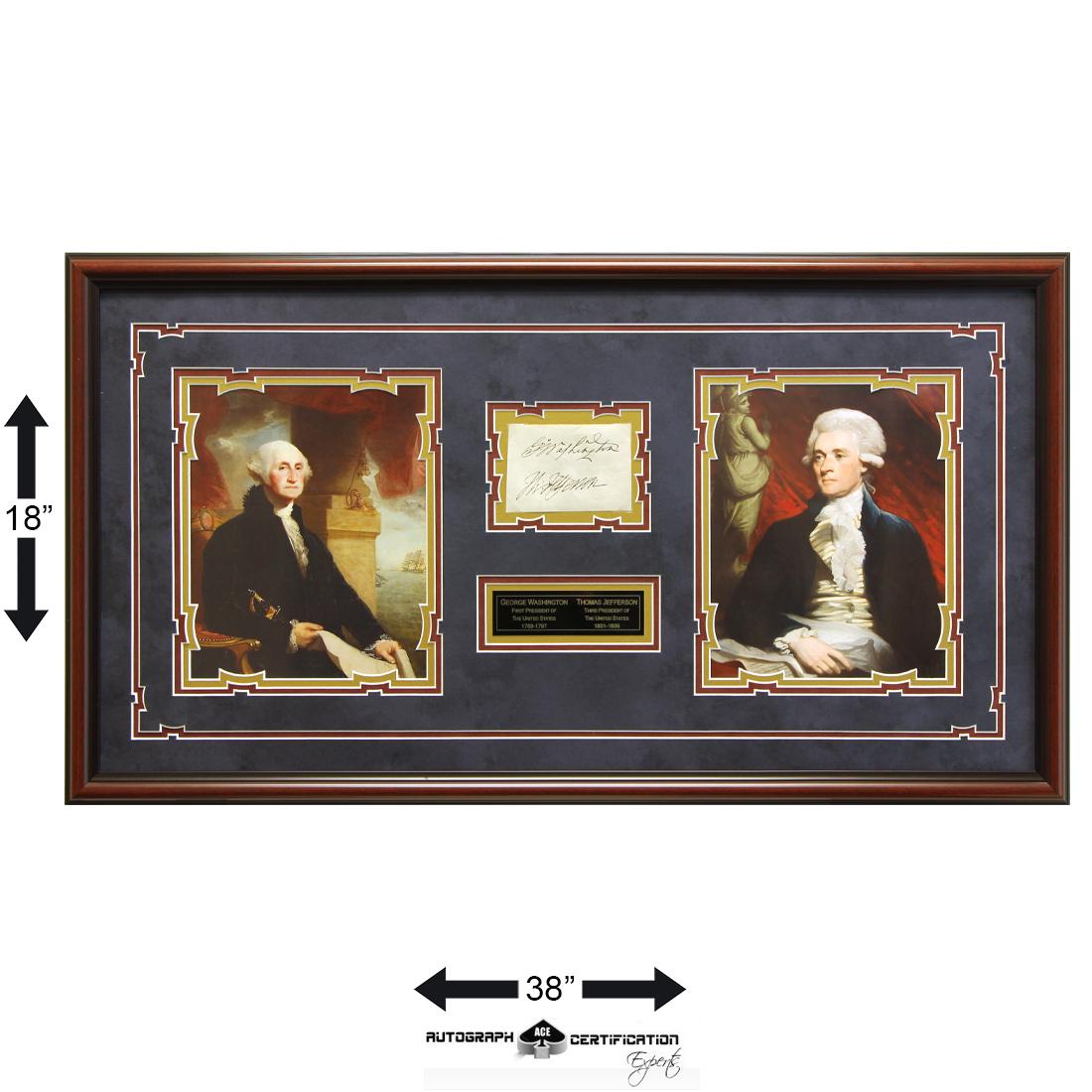 George Washignton and Thomas Jefferson Signed Cut: George Washington (February 22, 1732 – December 14, 1799) Thomas Jefferson (April 13, 1743 – July 4, 1826). 2 x 7 ¾ cut paper excized from a larger document. Signed boldly in black in